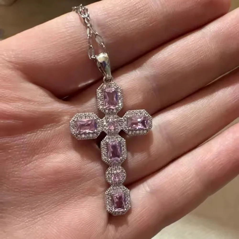 Silver Pink Diamond Cross Necklace